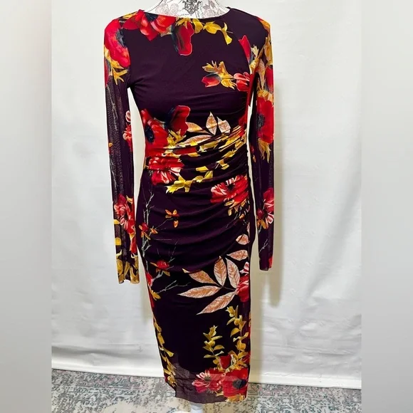 FUZZI Dark burgundy floral stretch midi dress size S/M.‎